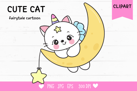 Cute Cat Unicorn Catch Star on Moon