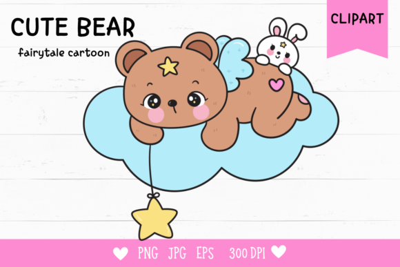 Teddy Bear and Bunny Rabbit on Cloud: A Cute Addition to Your Creative Projects