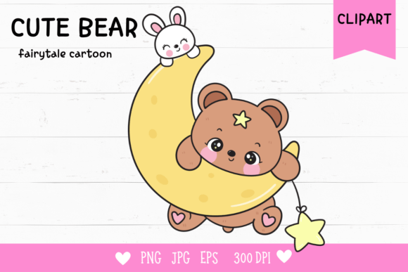 Teddy Bear and Rabbit Bunny on Moon: A Whimsical Clipart for Creative Minds